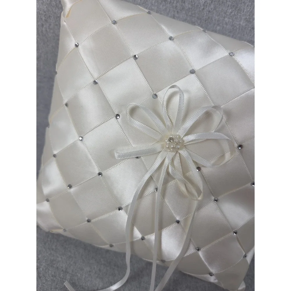 Ivory‎ Satin Crystal Beaded Gems Wedding Ring Bearer Pillow Faux Pearl Accent